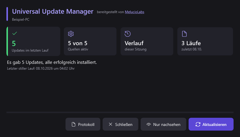 Das Fenster des Update-Managers in der dunklen Darstellung, gleicher Inhalt: Zahl 5, „Es gab 5 Updates, alle erfolgreich installiert“.