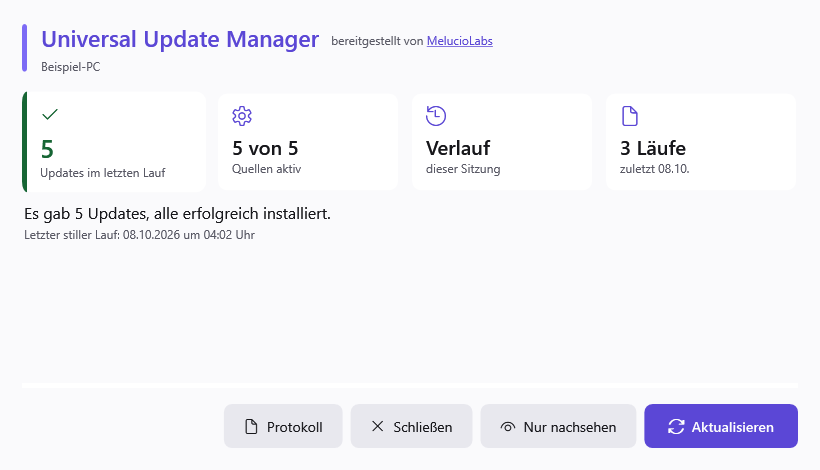 Das Fenster des Update-Managers: oben die Zahl 5 und der Satz „Es gab 5 Updates, alle erfolgreich installiert“, darunter zugeklappt Einstellungen und Details, unten die Knöpfe Protokoll, Schließen, Nur nachsehen und Aktualisieren.