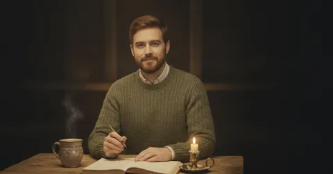 Jakob, der Chronist, schreibt bei Kerzenlicht in ein aufgeschlagenes Buch