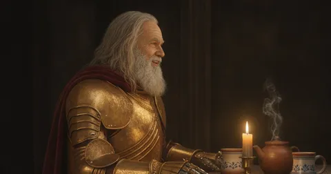 Menelaus in goldener Rüstung an einem Tisch bei Kerzenschein